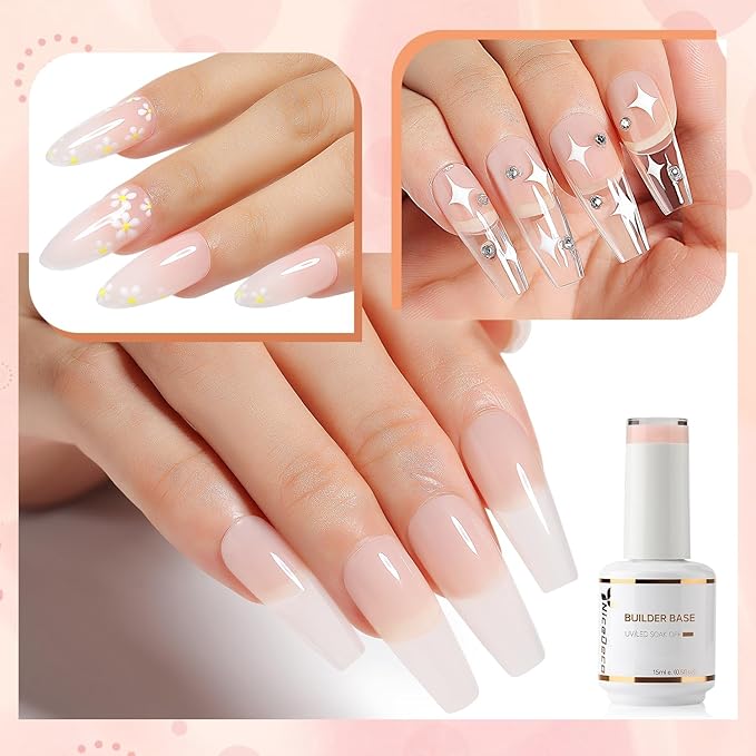 Nicedeco Hema Free Builder Base Gel Nail Polish 2 Pcs 15ml Cruelty Free Vegan Nude Pink Clear Builder Nail Gel Soak Off LED U V Gel Nail Kit Manicure
