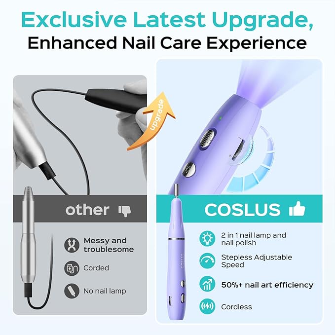 COSLUS Cordless Nail Drill Electric C41(END04): 2-in-1 Nail File with Flash Cure for Acrylic Gel Dip Powder Nails, Stepless Control for Beginner Home DIY, Portable & Professional Pedicure Kit
