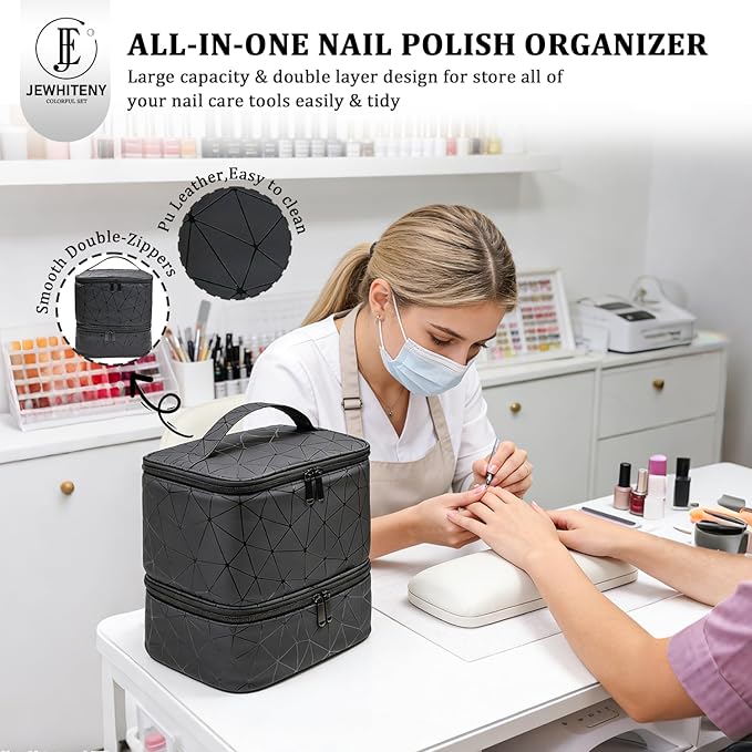 JEWHITENY Nail Polish Organizer Bag Holds 30 Bottles & Nail Lamp,Double-Layer PU Leathe Nail Polish Storage Bag with Adjustable Dividers,Portable Travel Nail Kit Storage Carrying Case (Black)