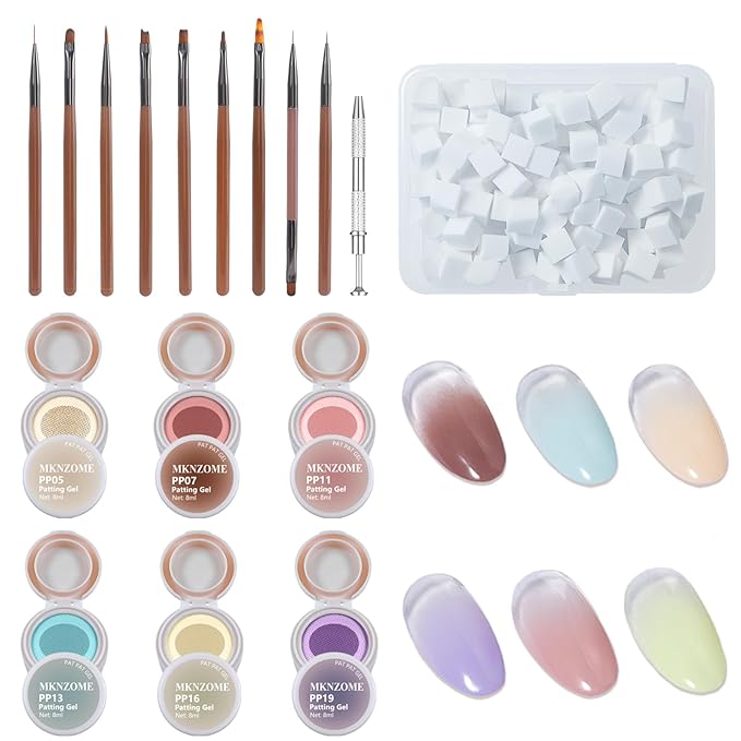 Patting Gel Polish Set, 6 Color Gradient Painting Gel Blooming Nails with Grabbing Pen, 100 Nail Sponges for Ombre, Nail Art Brushes, for Ombre French Manicure DIY Design, C