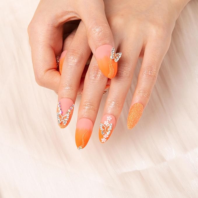 LOVFUL Press on Nails Citrus Bloom | Handmade with Full Covered Crystals | Reusable Fake Nails | Almond Regular 1.0 in | H209-L