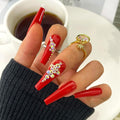 Artquee Red Coffin Press on Nails Long Fake Nails with Rhinestones Design Full Cover Luxury Bridal Wedding False Nail Kit Stick on Nails for Women 24Pcs