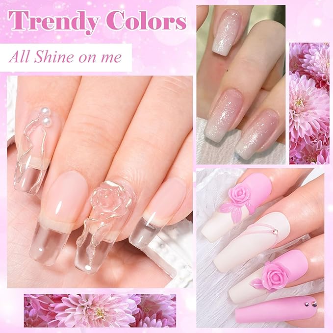 MEET ACROSS 9Pcs 3D Builder Gel Kit for Nail Art Pink White Sliver Non Sticky Hand Carving Extension Solid Builder Gel for Nails with Silicone Pen Manicure Kit 4 Colors