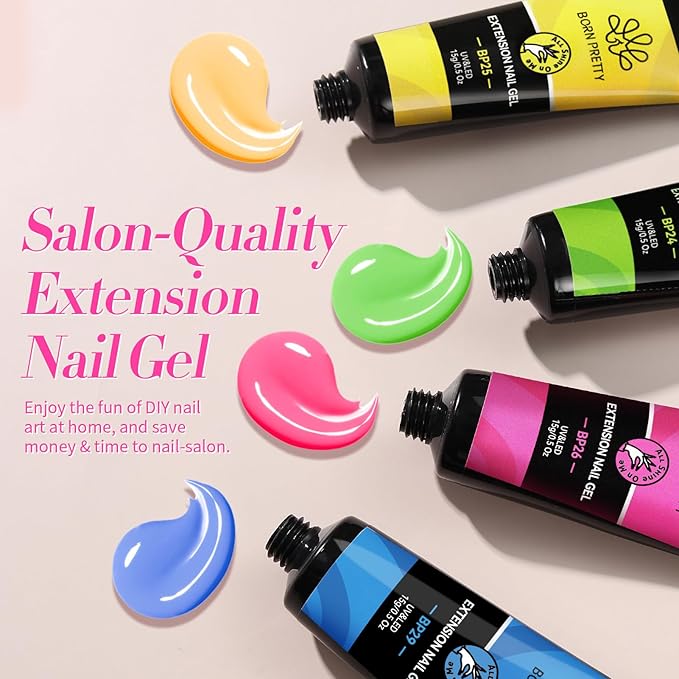 BORN PRETTY Neon Extension Nail Gel Kit-6 Colors Gel Kit Neon Pink Blue All-In-1 with Nail Lamp Base Top Coat Set Nail Forms French Manicure Set