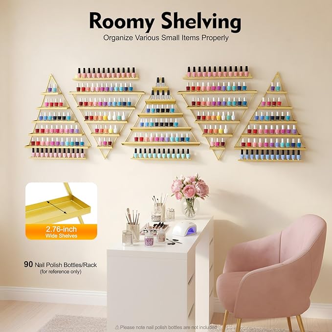 10PCS Gold Wall Mount Nail Polish Display Racks, 5 Tier Triangular Nail Polish Racks for Salon and Shop, Includes Horizontal Bars for Nail Polish and Cosmetics Storage