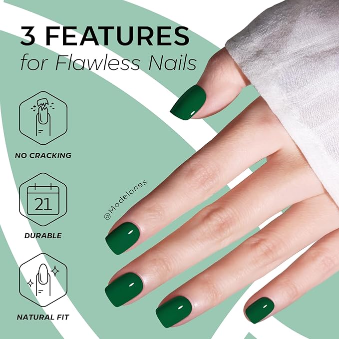 Modelones Extra Short Press on Nails, Jade Green Squoval Fake Nails, Reusable Nail Kit with Nail Glue Adhesive Tabs Mini Nail File, Nails Press Ons 32Pcs 16 Sizes, Spring Women Girl Gift