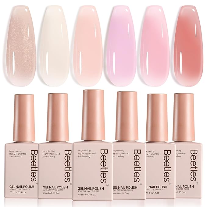 Beetles Nude Gel Nail Polish Set - 6 Colors Nude Pink Jelly Gel Polish Kit Neutral Shimmer Translucent Sheer Gel Soak off Uv Nail Concealer French Nail Art Manicure Gift for Women