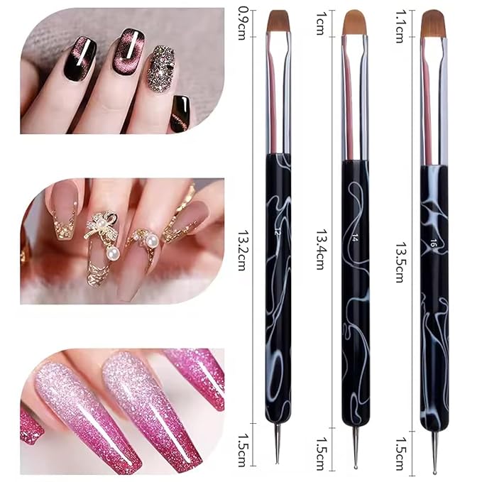3Pcs Double Head Nail Art Brushes & Dotting Tools Kit (Black), French Tip Nail Brush Set, Builder Gel Nails, DIY Acrylic Nail Design Tool for Salon & Home Manicure Beginners/Artists