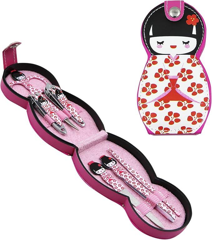 Aibearty Adorable Russian Doll Pattern Stainless Nail Clippers Set of 6Pcs, Professional Grooming Kit, Nail Tools with Luxurious Travel Case
