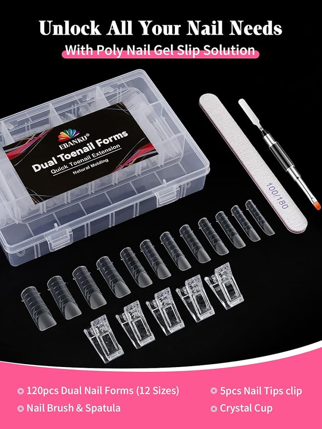 Poly Gel Toe Nail Form Set, EBANKU Reusable Toenails Dual Forms for Nail Extensions, Poly Gel Toe Nail Tips with Dual-Ended Brush and Nail File, 5PCS Clips - 12 Sizes 120PCS