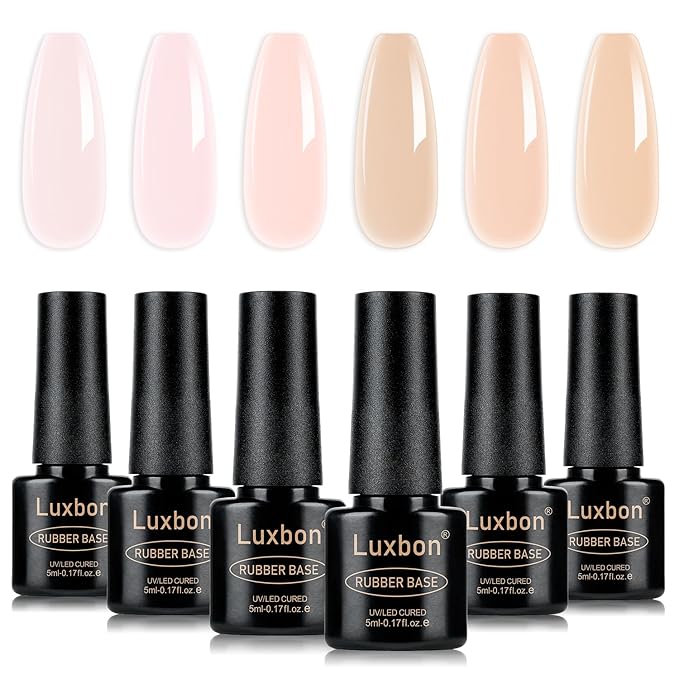 Luxbon 5 IN 1 Rubber Base Color Gel Nail Polish Set, 6 Colors Apex Building Self-leveling Nude Gel Polish Pink Peach Nail Polish Neutral Sheer for Nails UV LED Soak Off Gifts for Women Kit 006