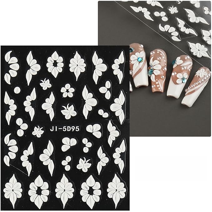Nail Stickers, 5 Sheets Floral Nail Art Decals, Self-Adhesive 5D Embossed Designs for DIY Manicure