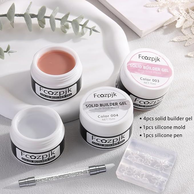 Hard Gel for Nails, 4 Colors Solid Builder Gel Kit with Silicone Carving Mold Clear Pearly White Brown Nude Pink 3D Sculpting Gels Flower Charms DIY Modeling Design Nail Salon Supplies