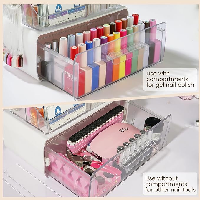 Nail Tech Desk Organizer Case: 2 Layers Nail Tech Organizers with Nail Polish Storage Drawer- 53 Holes Nail Drill Bits & Nail Brushes Pens Holder for Manicure Nail Supplies (Clear)