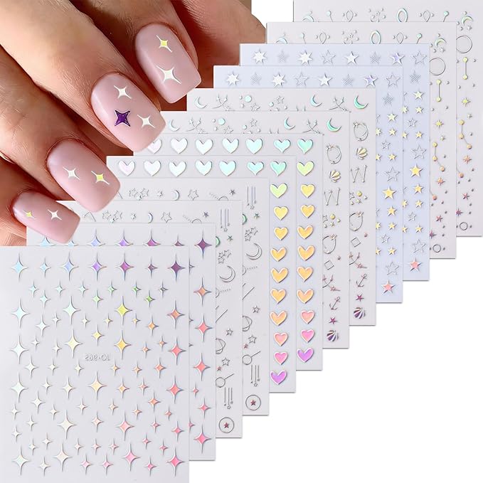 12 Sheets Star Nail Stickers 3D Self Adhesive Aurora Heart Nail Decals Moon Glitter Design Nail Stickers Nail Art Supplies for Women DIY Manicure Acrylic Decoration