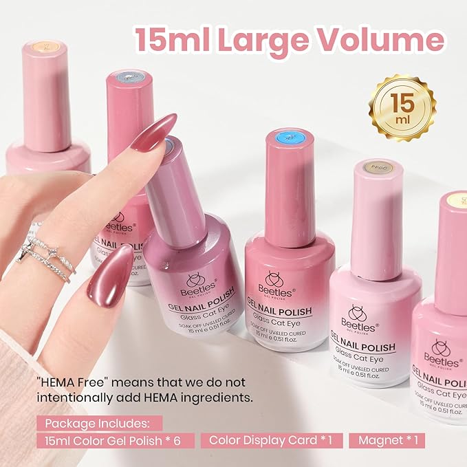 Beetles Misty Blush Glow Pink Cat Eye Gel Nail Polish Set - 6 Colors 15ML Glitter Pink Spring Cat Eye Gel Polish Kit Magnetic Effect Soak Off UV Nail Art DIY Manicure Gift for Women