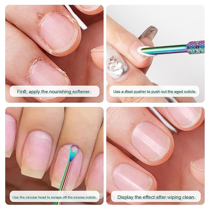 JERCLITY 2 Pieces Iridescence Double-Ended Stainless Steel Cuticle Pusher Cuticle Remover With 180 Grit Sandpaper Sheets Nail Prep Tools Russian Manicure Kit Nail Cuticle Pusher for Women
