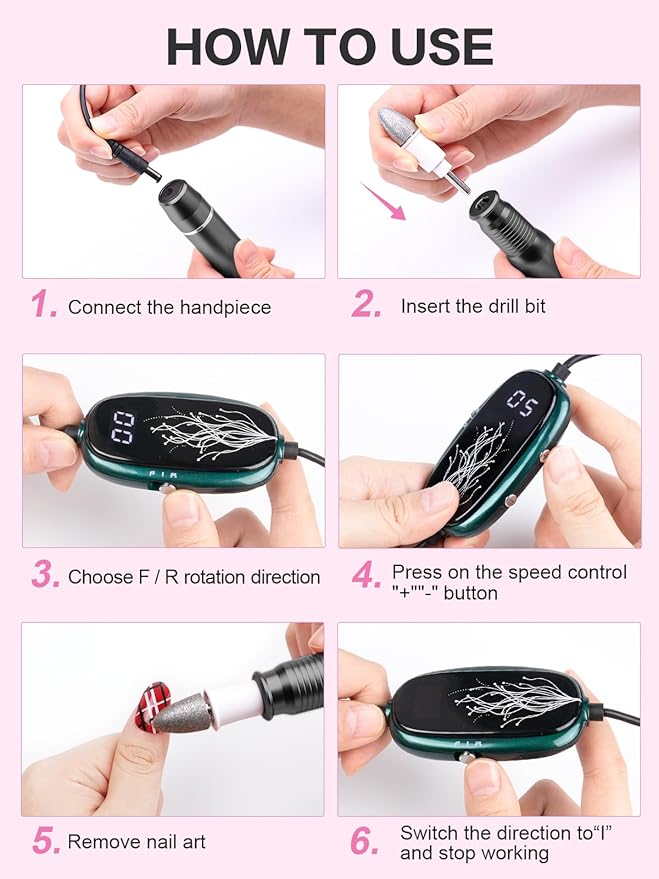 Subay Professional Manicure Pedicure Kit, Electric Nail Drill Set with LED Display, 25000RPM, 11-Piece Attachments Plus 20 Sanding Bands, Nail Grinder Tool for Women Men Baby Pets (4.Black)