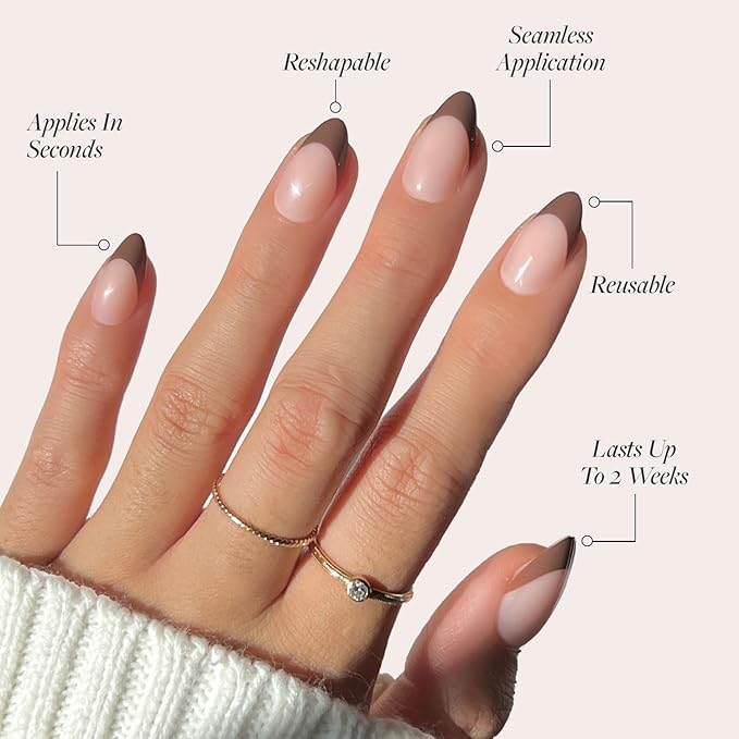 Glamnetic Press On Nails - Chocolat | Semi-Transparent Dark Brown French Tip Short Almond Fake Nails in a Glossy Finish, Salon Quality | 15 Sizes - 30 Nail Kit