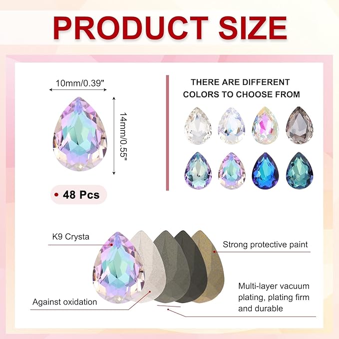 MECCANIXITY 48 Pcs 3D Teardrop Rhinestones Diamond Nail Charm Crystal Pointback K9 Glass Rhinestones Crystal Gems for Jewelry Making, Craft, 10x14mm, AB Purple
