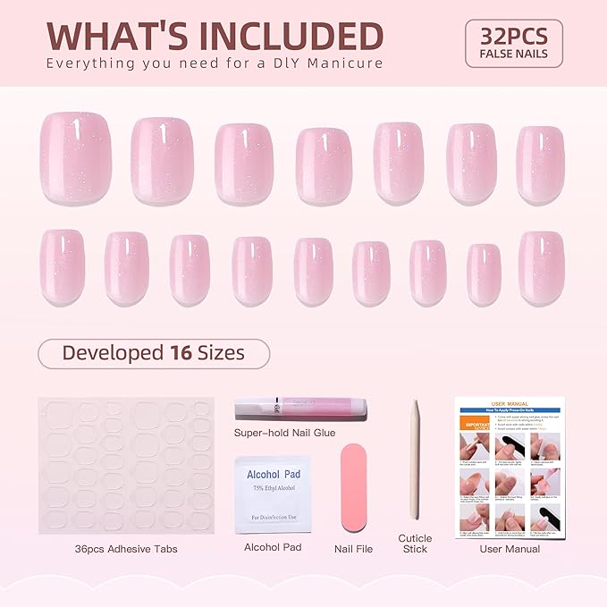 Short Square Press On Nails - Pink Fake Nails with Glue, 16 Sizes, 32Pcs Reusable Soft Gel False Tips Kit, Artificial Stick On Nail for Women