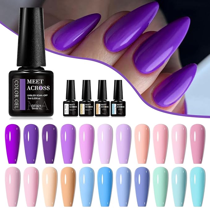 MEET ACROSS 30Pcs Nude Gel Polish 22 Colors Gel Nail Polish Set Pink Purple Sky Blue Bright Series Soak Off UV/LED Manicure Kit for Women