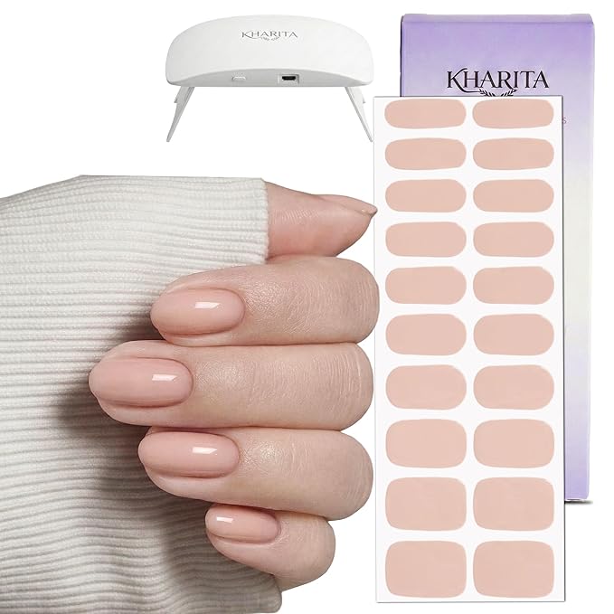 Semi Cured Gel Nail Strips – Real Gel Nail Polish Wraps for Brittle Nails | Waterproof Long Lasting Easy Peel-Off Removal | Hema-Free | 20-Piece Nude Pink Salon Kit with UV Lamps