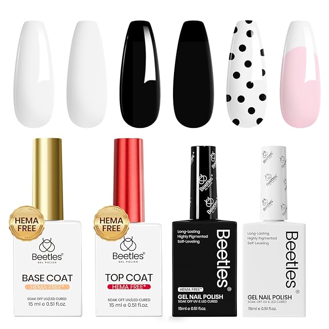 Beetles French Tip Gel Polish - Ink Snow Twins with Base Coat Top Coat, 2 Colors Black & White Gel Nail Polish Set, Soak Off UV LED French Nail Kit, Spring Nails Complete for Beginner & Professional