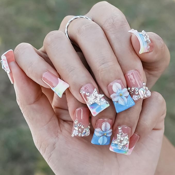 Press on Nails Duck Shape 3D Floral Metallic Star Design Luxury Thick Acrylic Fake Nails Rhinestones Petal Flower French Tip Blue False Nails (Pastel Pink-Blue Stellar,S)
