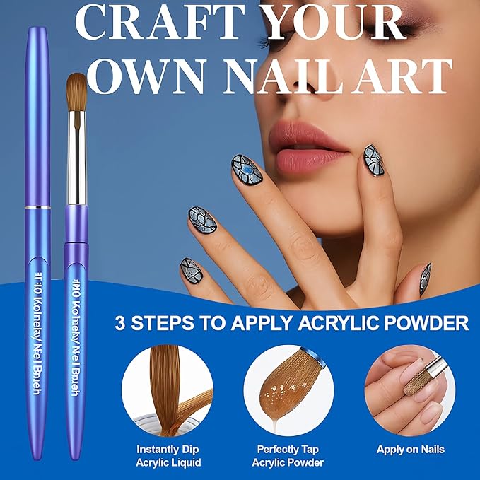 100% Pure Kolinsky Hair Acrylic Nail Art Brushes – Oval Crimped Tip for Acrylic Powder, Gradient Blue Metal Handle, Professional Nail Art Brush for Salon & DIY(#10)