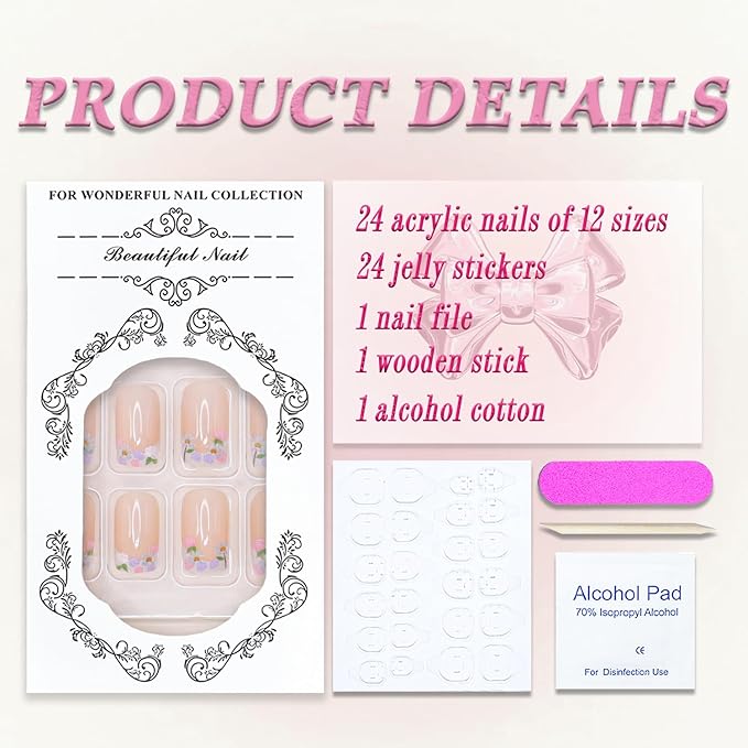Floral French Press on Nails Medium Square MABKJLF White French Tip Fake Nails False Nails with Fower Nail Tip Designs Full Cover Glossy Glue on Nails Spring Summer Acrylic Nails for Women Girls 24Pcs