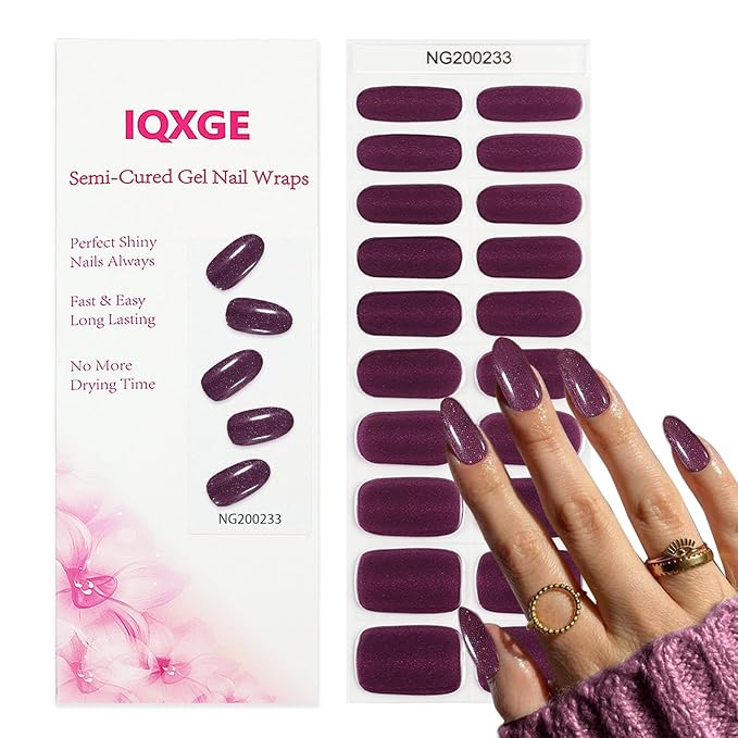 Purple Glitter Semi Cured Gel Nail Strips 20Pcs Gel Nail Stickers Polish Nails Wraps UV/LED Light Needed Glossy Nails Polish Strips for Women Includes Prep Pads, File, Wooden Cuticle Stick