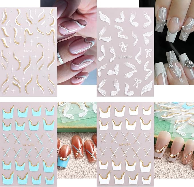 Eseres French Tip Nail Art Stickers Waves Lines Nail Decals 3D French Pattern Glitter Nail Art Design Stripe Nail Stickers 9Pcs French Nail Stickers Stripe Line Nail Decals