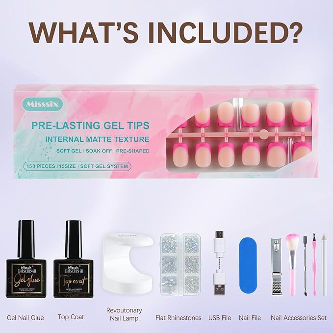 Misssix French Tip Press On Nails, 150Pcs French Gel Nail Tips, Short Square Soft Gel Fake Nails, X-BASIC Tips Starter Kit for Nail Art DIY 15 Sizes