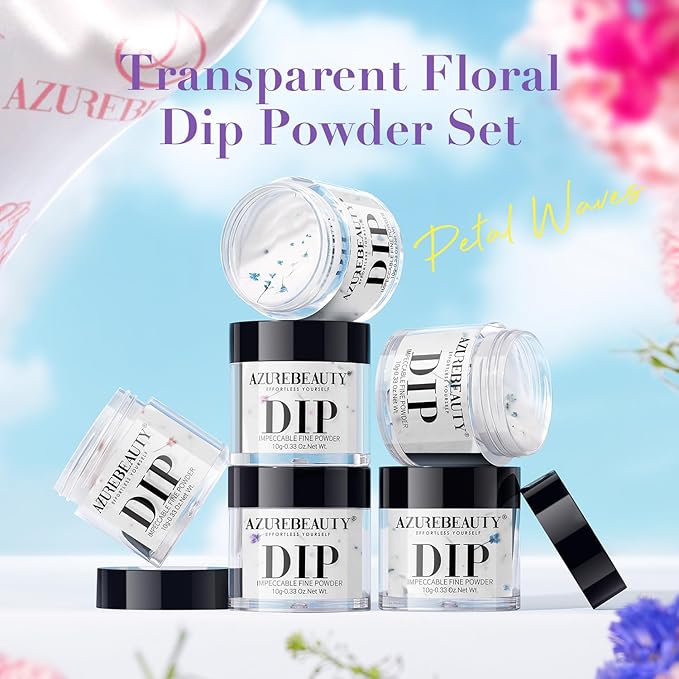 AZUREBEAUTY Dip Powder Nail Transparent Crystal Dried Flower Spring Set, Blue Purple Pink Yellow 6 Colors Natural Real Clear Dipping Powder Starter Kit Nail Art Manicure Salon, No Need Nail Lamp Cured