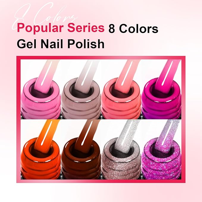 MEET ACROSS Mood Gel Nail Polish Set Temperature Color Changing Gel Colors Collection Red Pink Purple Glitter Brown Gold Gel Polish Soak Off 8 Colors Holiday Gifts Salon DIY at Home