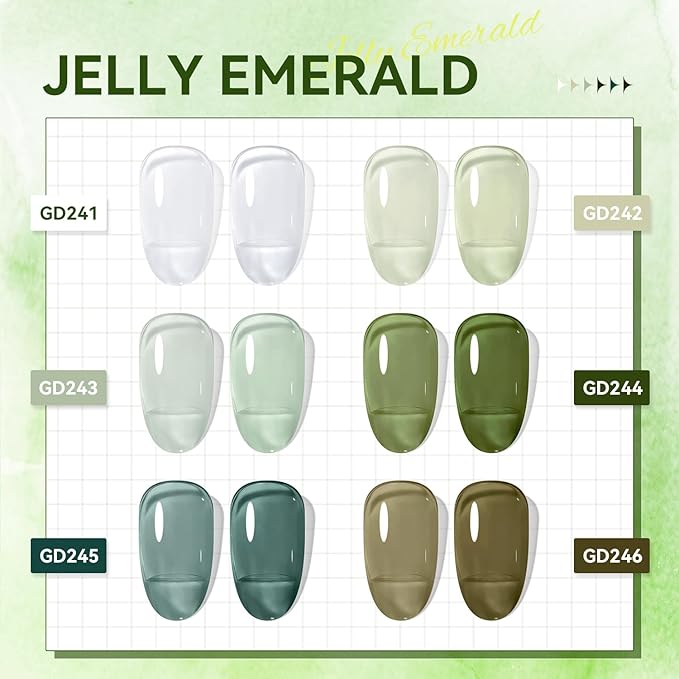 JODSONE Jelly Gel Nail Polish Set of 6 Colors,Semi-Transparent Green Gel for DIY Nail Art, UV/LED Cured, Long-Lasting & High-Shine Manicure at Home or Salon, Gift for Women
