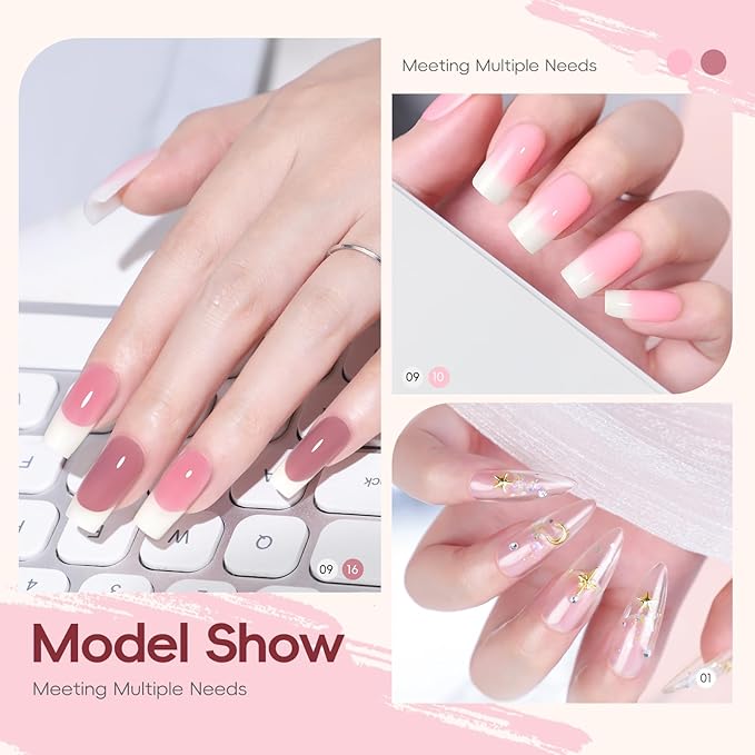 PEACECOLOR 24Pcs Poly Nail Gel Kit Starter Kit with Nail Lamp 6 Colors Pink Nude Black Poly Nail Extension Gel with 3Pcs Glossy/Matte Top Coat Nail Rhinestones DIY Home Gifts for Women