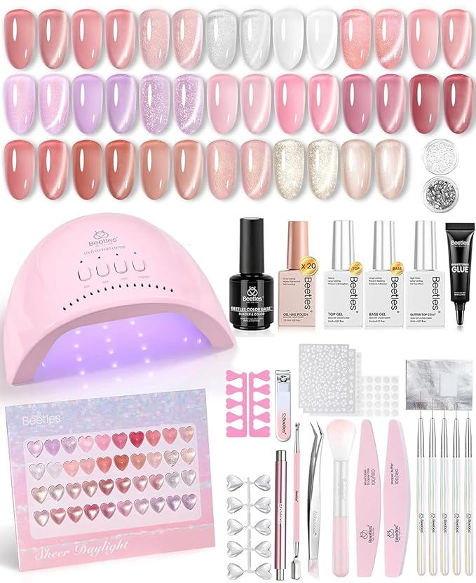Beetles 20 Color Jelly Gel Nail Polish Set - 80 Pcs Gel Nail Polish Kit with U V Light Milky Pink Nude Red Glitter Sheer Daylight Nails Kit with Cat Eye Top Coat Rubber Base, Women Teens Girls Gifts