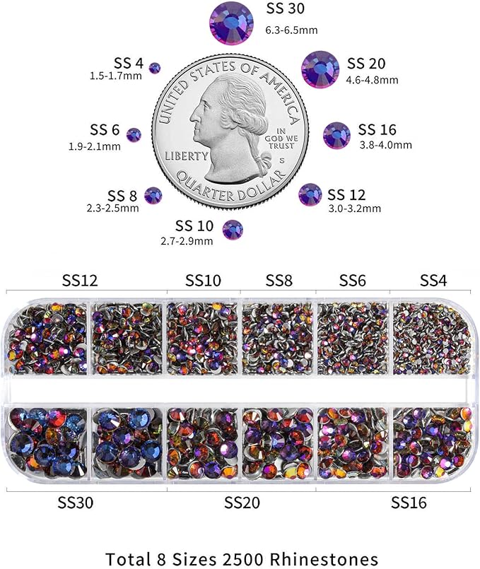 Beadsland Rhinestones for Makeup,8 Sizes 2500pcs Blue Flatback Rhinestones Face Gems for Nails Crafts with Tweezers and Wax Pencil,Blue Volcano,SS4-SS30