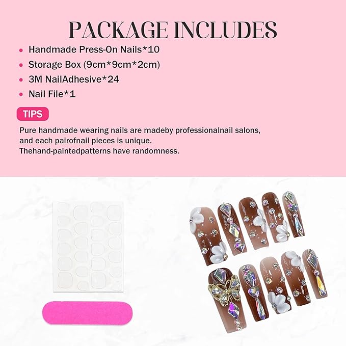 Long Press on Nails Handmade Nails Square Luxury Reusable Fake Nails with Glue 3D Flower Butterfly Design Acrylic Nail Sparkly Full Cover Stick on Nail for Women Manicure 10Pcs(Size M）