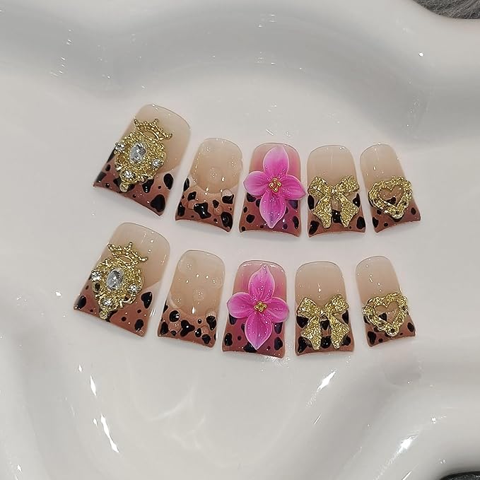 Duckbill Nails,Brown Leopard French Tips Press on Nails with Kit,Soft Gel Fake Nails with 3D Charms Hearts Bows Flowers,Metallic Edgy Punk Y2K False Nail with Rhinestone for Winter Fall(M)