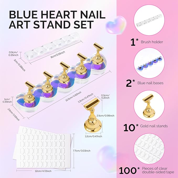 MelodySusie Nail Stand for Press Ons, 2 Sets Blue Heart Shape Acrylic Magnetic Base for Practice Display with Brush Holder and 100 Pcs Reusable Double-Sided Tape for Home DIY Salon Supplies