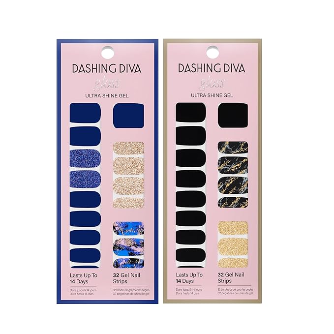 Dashing Diva Gloss Nail Strips Bundle - The Dark Marble Collection- Blue Vixen & Black Obsidian - UV Free, Chip Resistant, Long Lasting Gel Stickers - Contains 2 Sets
