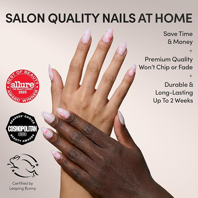 Valentines Day Glamnetic Press On Nails - Fleur Amour | Short Almond Fake Nails in White Base with Delicate Pink Floral Accents in a Glossy Finish | 15 Sizes - 30 Nail Kit with Glue