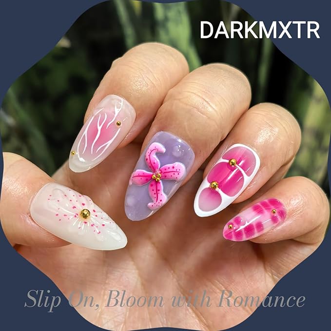 30Pcs 3D Floral Press On Nails | Pink & Purple Flower Design | Reusable Fake Nails Set Easy Application Manicure Set for Work, Party & Daily Use, Perfect for Women and Students