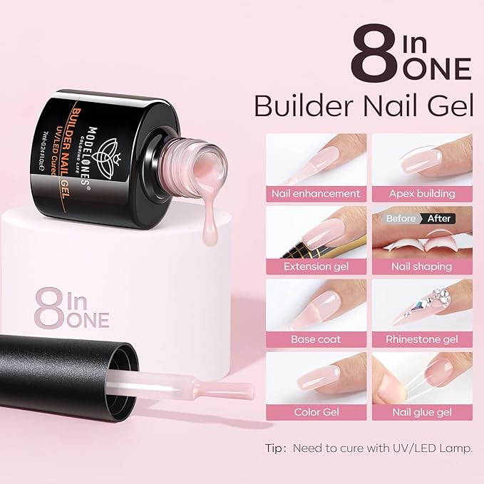 modelones Builder Nail Gel Set, 6 Colors 8-in-One, Jelly Pink & 6 Colors Aurora Shimmer Glitter Gel Polish Kit Blue Green Purple
