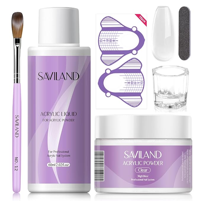 SAVILAND Acrylic Nail Kit Starter Set: 30g Clear Acrylic Powder and Liquid Set with Size 12 Nail Brush Forms Tools Extension Nail Kit for Beginners with Everything Home DIY Salon Manicure
