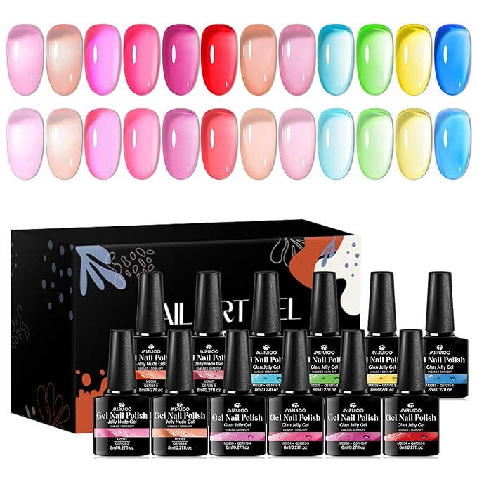 12 Colors Jelly Gel Nail Polish Set Crystal Neon Gel Polish Pastel Pink Blue Green Transparent Rainbow Manicure Kit Gift for Women Girls 8ML