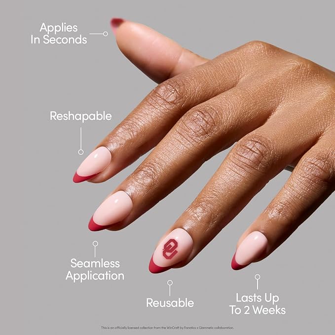 Glamnetic x Fanatics Press On Nails - Oklahoma Sooners | Short Almond Fake Nails, Collegiate Sooners Red French Tips, College Nails, Salon-Quality | 15 Sizes - 30 Nail Kit with Glue